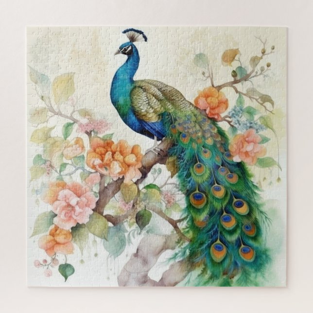 Elegante Blue Peacock Pink-Blume Puzzle (Vertikal)