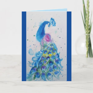 Elegante Blue Peacock Watercolor Geburtskarte Karte