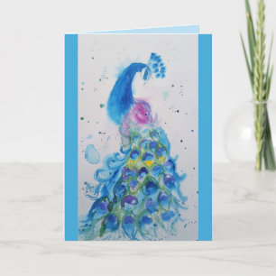 Elegante Blue Peacock Watercolor Geburtskarte Karte