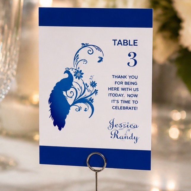 Elegante Blue Peacock Wedding Table Card Tischnummer (Von Creator hochgeladen)