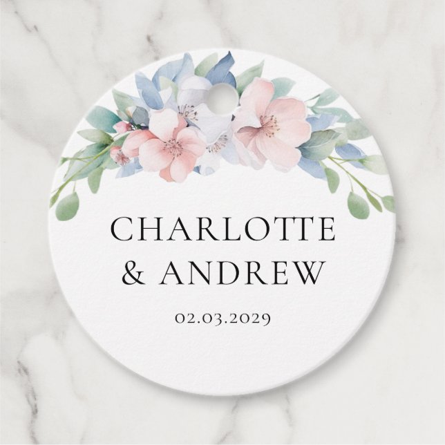 Elegante Blue Pink Blume Hochzeit Geschenkanhänger (Vorderseite)