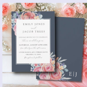 Elegante Blue & Pink Watercolor Rose Hochzeit Einladung