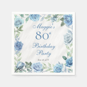 Elegante Blue Rose Floral Frame 80. Geburtstagspar Serviette