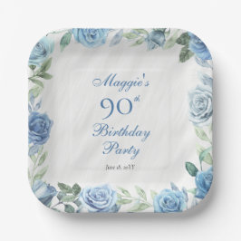 Elegante Blue Rose Floral Frame 90. Geburtstagspar Pappteller