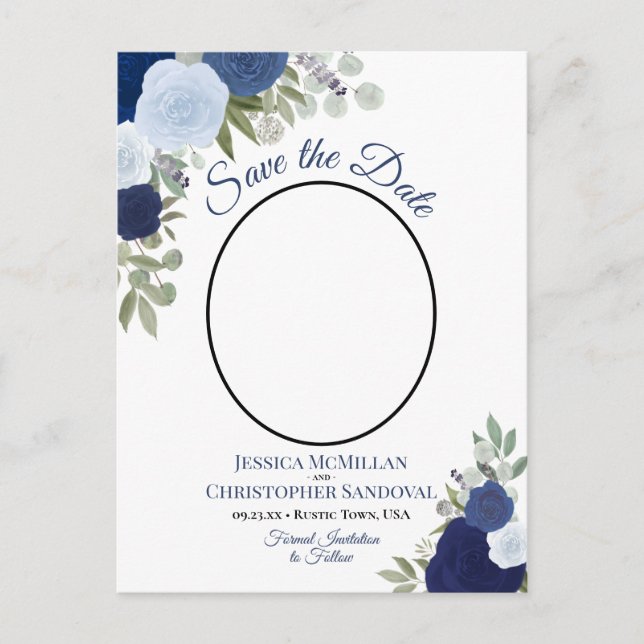 Elegante Blue Rose & Foto Wedding Save the Date Ankündigungspostkarte (Vorderseite)