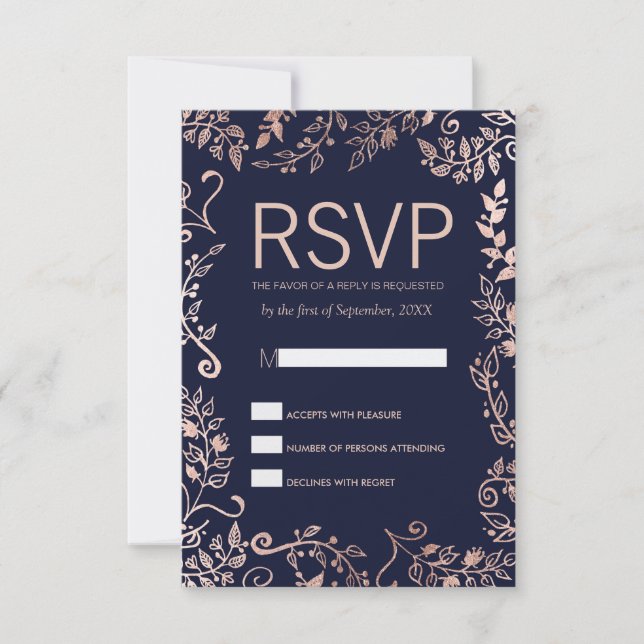 Elegante Blue Rose Gold Floral RSVP Cards (Vorderseite)