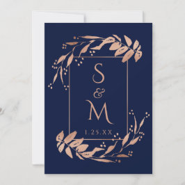 Elegante Blue Rose Gold Foliage Hochzeit Einladung