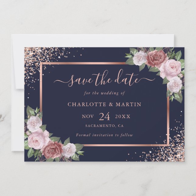 Elegante Blue Rose Gold Glitzer Blumenhochzeit Save The Date (Vorderseite)