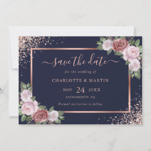 Elegante Blue Rose Gold Glitzer Blumenhochzeit Save The Date