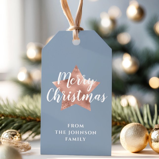 Elegante Blue Rose Gold Star Weihnachten Geschenkanhänger (Elegant Blue Rose Gold Star Christmas Gift Tags)