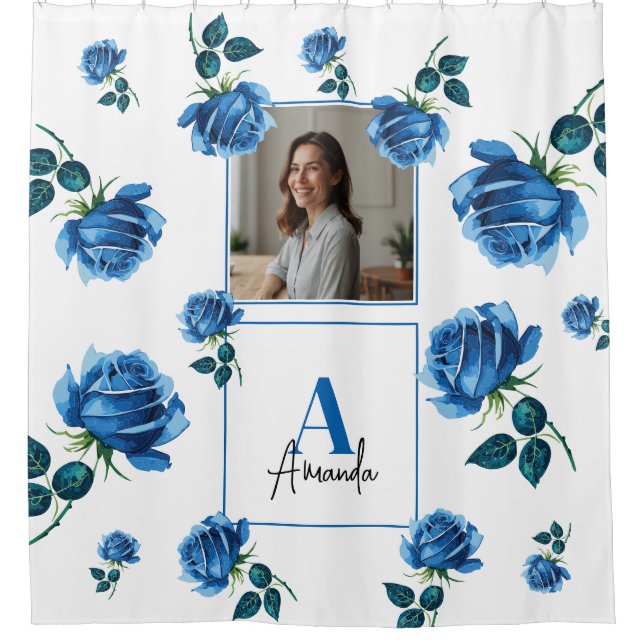 Elegante Blue Rose Monogram Custom Mama Duschvorhang (Vorderseite)