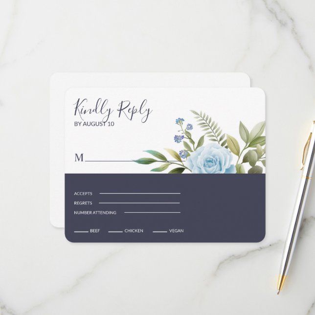 Elegante Blue Rose RSVP Karte (Vorderseite/Rückseite Beispiel)