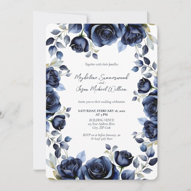 Elegante Blue Rose Weiße Hintergrundhochzeit Einladung (Vorderseite)