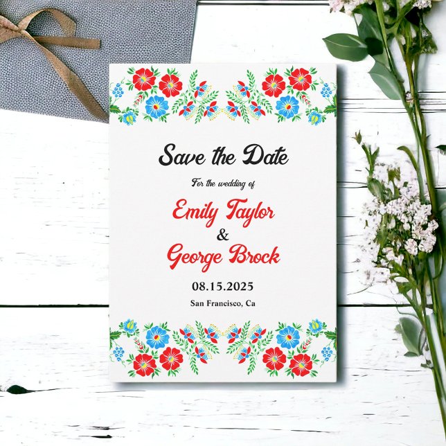 Elegante Blue Rote Rosen Botanische Hochzeit mit F Save The Date (Von Creator hochgeladen)