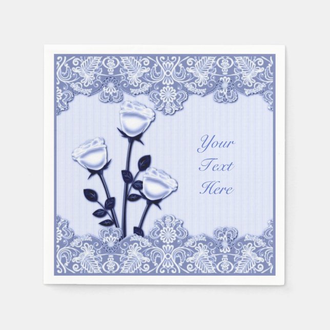 Elegante Blue Satin Rose und Lace Napkins Serviette (Vorderseite)