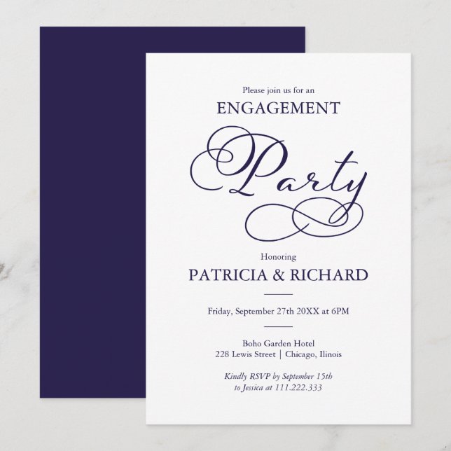 Elegante Blue Script Engagement Party Einladung (Vorne/Hinten)
