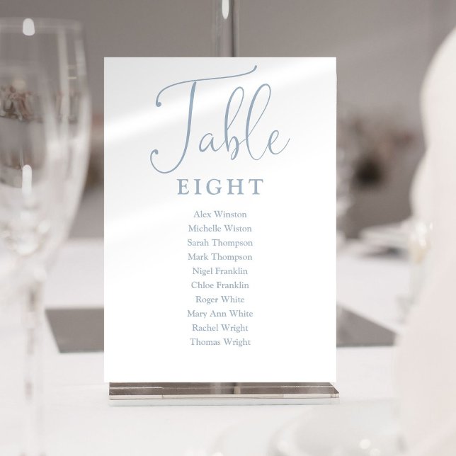 Elegante Blue Seating Chart Tischnummer (Elegant Dusty Blue Seating Chart Table Number)