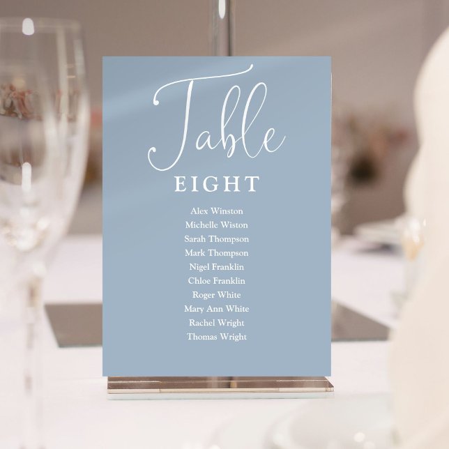 Elegante Blue Seating Chart Tischnummer (Elegant Dusty Blue Seating Chart Table Number)