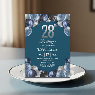 Elegante Blue Silber Glitter 28. Geburtstagsfeier Einladung
