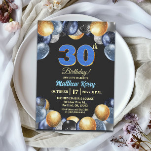 Elegante Blue Silber Gold 30. Geburtstagsfeier Einladung