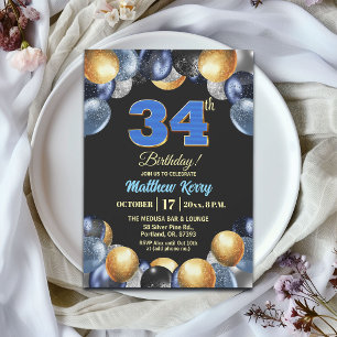 Elegante Blue Silber Gold 34. Geburtstagsfeier Einladung