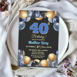 Elegante Blue Silber Gold 40. Geburtstagsfeier Einladung