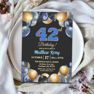 Elegante Blue Silber Gold 42. Geburtstagsfeier Einladung