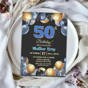 Elegante Blue Silber Gold 50. Geburtstagsfeier Einladung
