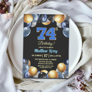 Elegante Blue Silber Gold 74. Geburtstagsfeier Einladung