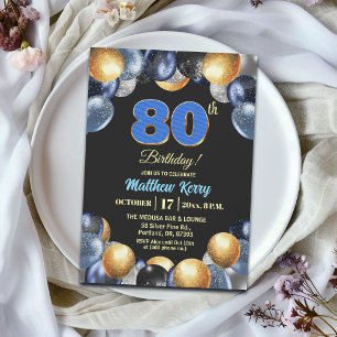 Elegante Blue Silber Gold 80. Geburtstagsfeier Einladung