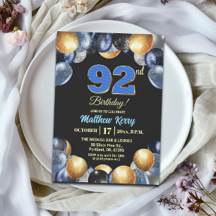 Elegante Blue Silber Gold 92. Geburtstagsfeier Einladung