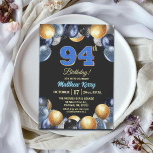 Elegante Blue Silber Gold 94. Geburtstagsfeier Einladung