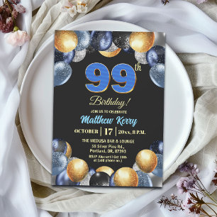 Elegante Blue Silber Gold 99. Geburtstagsfeier Einladung