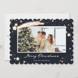 Elegante Blue Stars Snow Foto Frohe Weihnachtskart Feiertagskarte