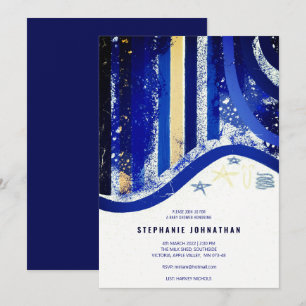 Elegante Blue Stripes Spatters Stars Baby Dusche Einladung
