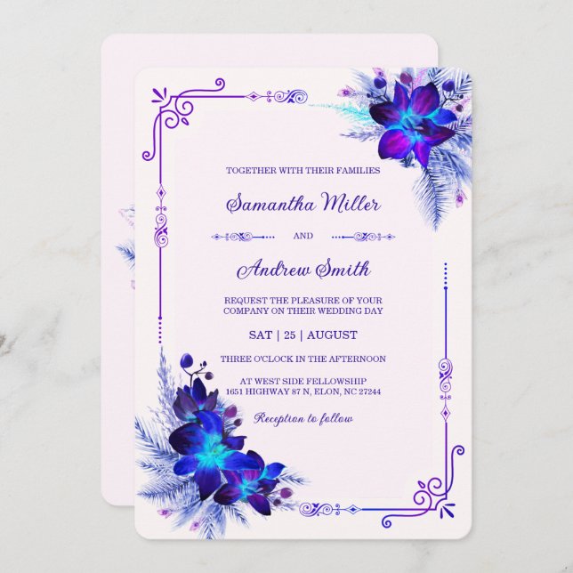 Elegante Blue und Lila Orchid Wedding Einladung (Vorne/Hinten)
