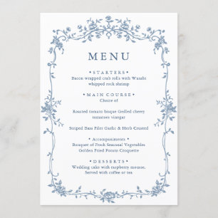 Elegante Blue Vintag Garden Blume Hochzeitsessen Menükarte