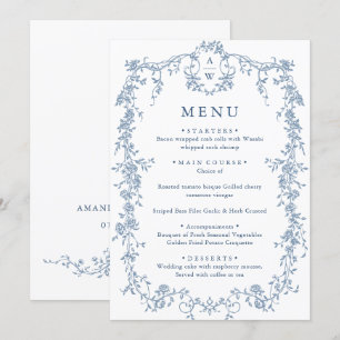 Elegante Blue Vintag Garden Blume Hochzeitsessen Menükarte
