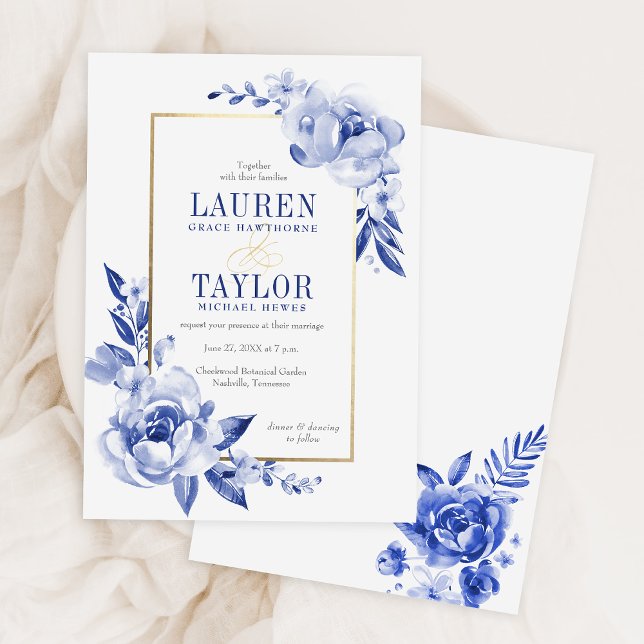 Elegante Blue Watercolor Blume Hochzeit Einladung (Von Creator hochgeladen)