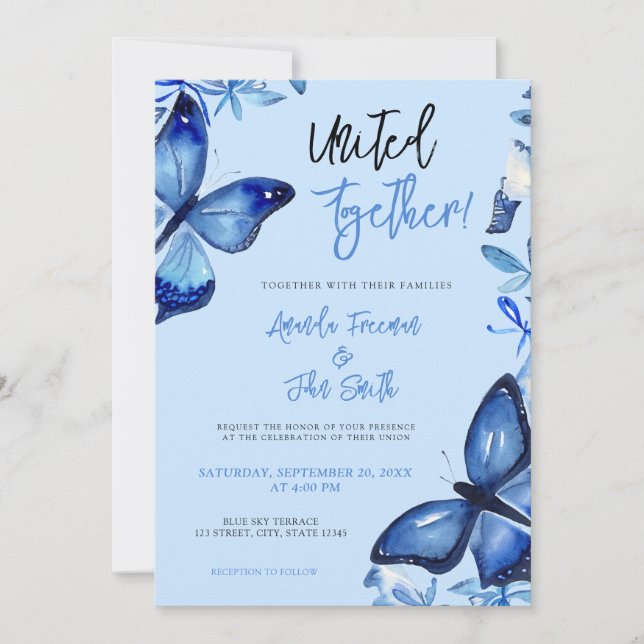 Elegante Blue Watercolor Butterflies Hochzeiten Einladung (Vorderseite)