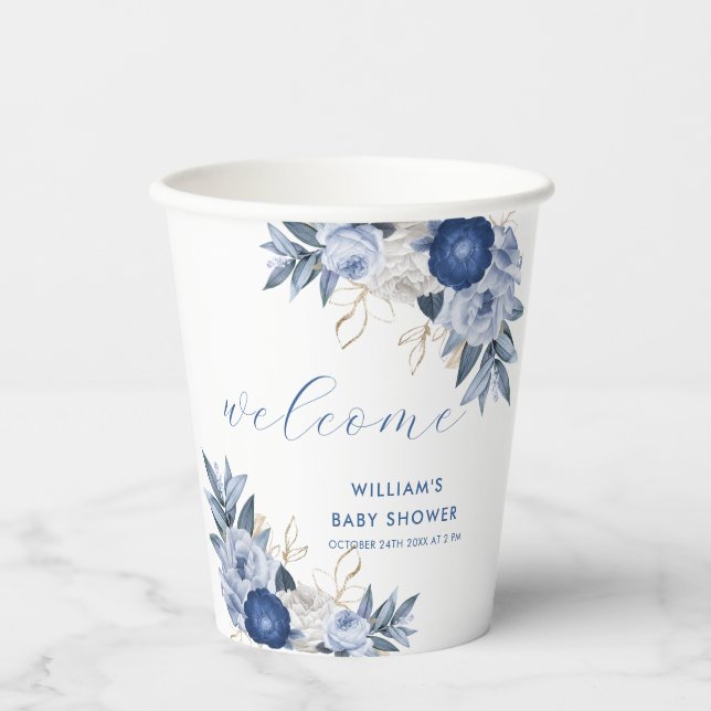 Elegante Blue Watercolor Floral Baby Dusche Pappbecher (Vorderseite)