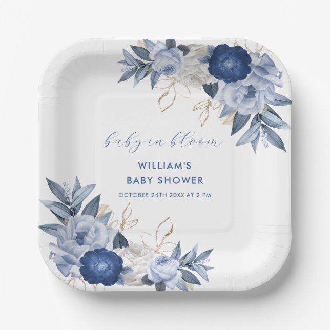 Elegante Blue Watercolor Floral Baby Dusche Pappteller (Vorderseite)