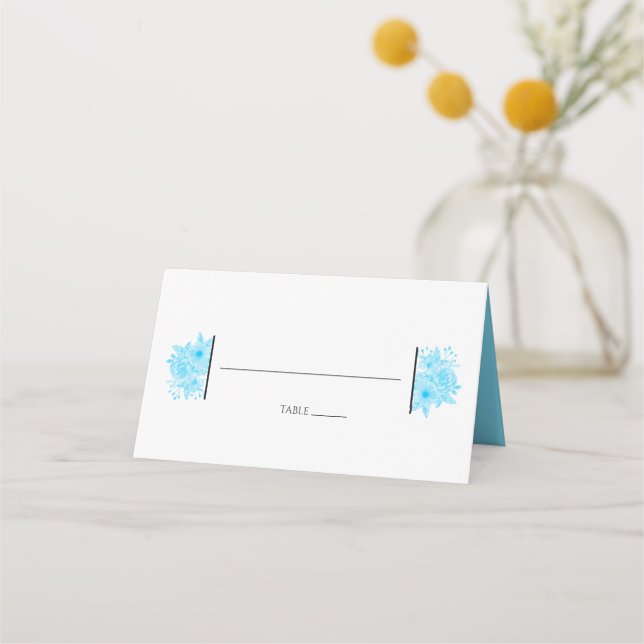 Elegante Blue Watercolor Floral Wedding Platzkarte (Vorderseite)