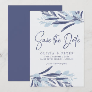 Elegante Blue Watercolor Foliage Hochzeit Save The Date