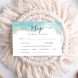 Elegante Blue Watercolor Gold Wedding RSVP Card Karte