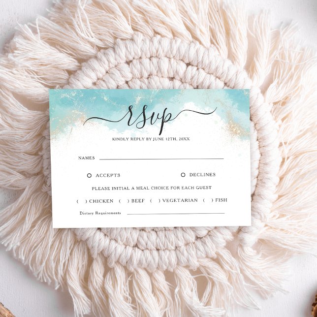 Elegante Blue Watercolor Gold Wedding RSVP Card Karte (Von Creator hochgeladen)