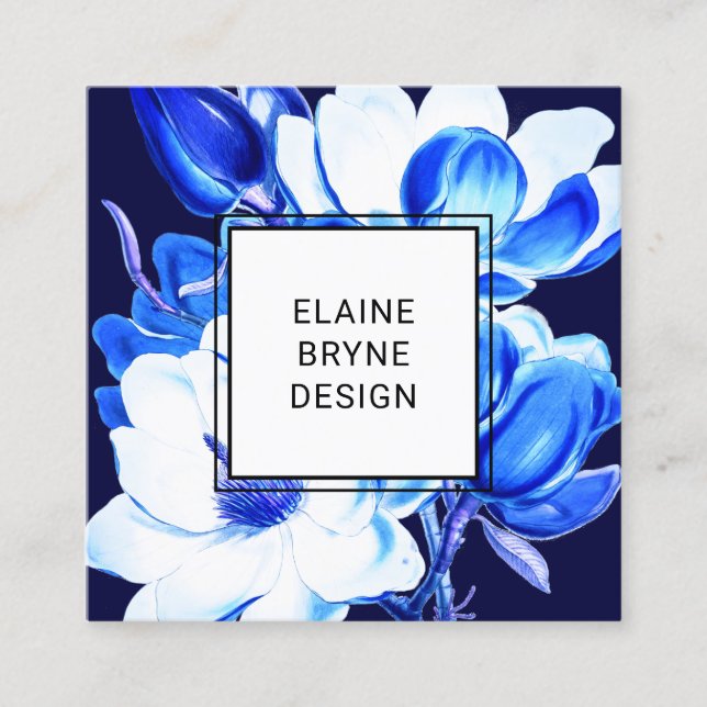 Elegante Blue Watercolor Magnolia Quadratische Visitenkarte (Vorderseite)