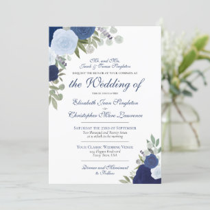 Elegante Blue Watercolor Rose Feierliche Hochzeit Einladung