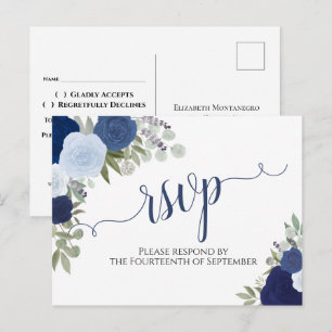 Elegante Blue Watercolor Rose Hochzeit RSVP Postkarte