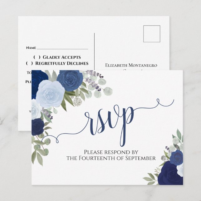 Elegante Blue Watercolor Rose Hochzeit RSVP Postkarte (Vorne/Hinten)